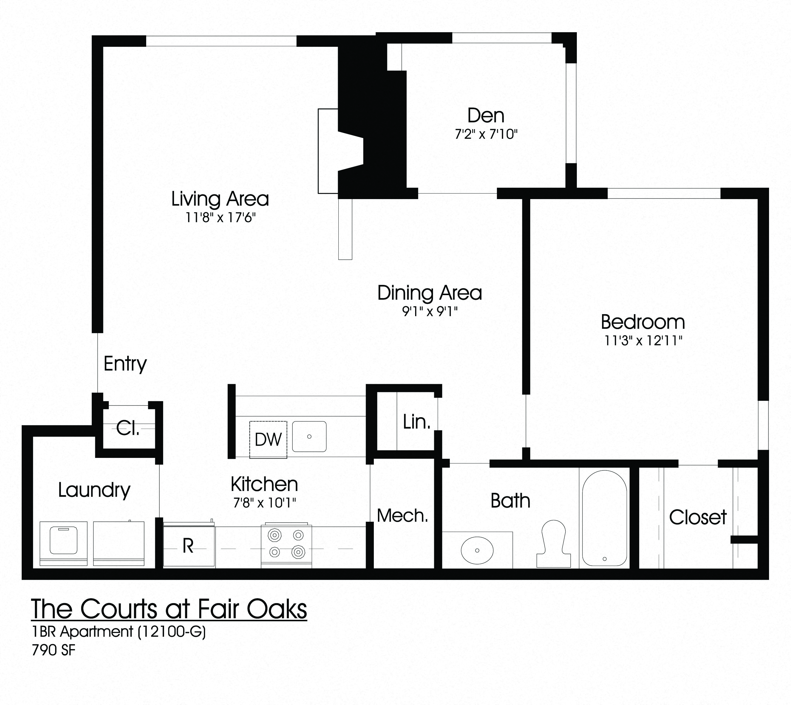 Floor plan for 1 bed, 1 bath, 800 sqft